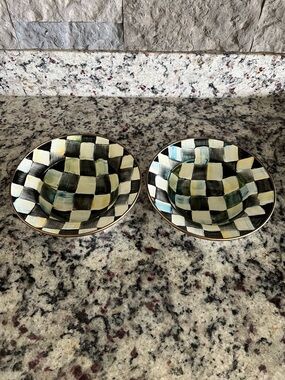 Mackenzie-Childs 8” Vintage Courtly Check Enamel Breakfast Bowls. Set of 2.